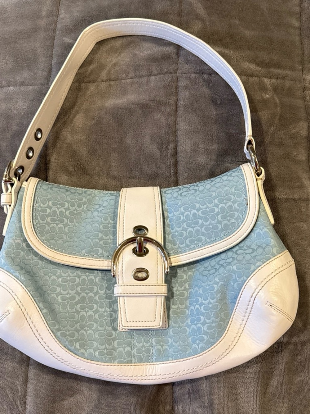Light Blue and White Shoulder Bag with Buckle Accent